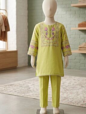 Girls' Lime Green Embroidered Pajama Set - Floral Detail